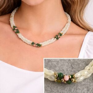 Vintage Mother of Pearl Beaded Necklace Jade Pink Stone Gold Tone 23” 70s–80s